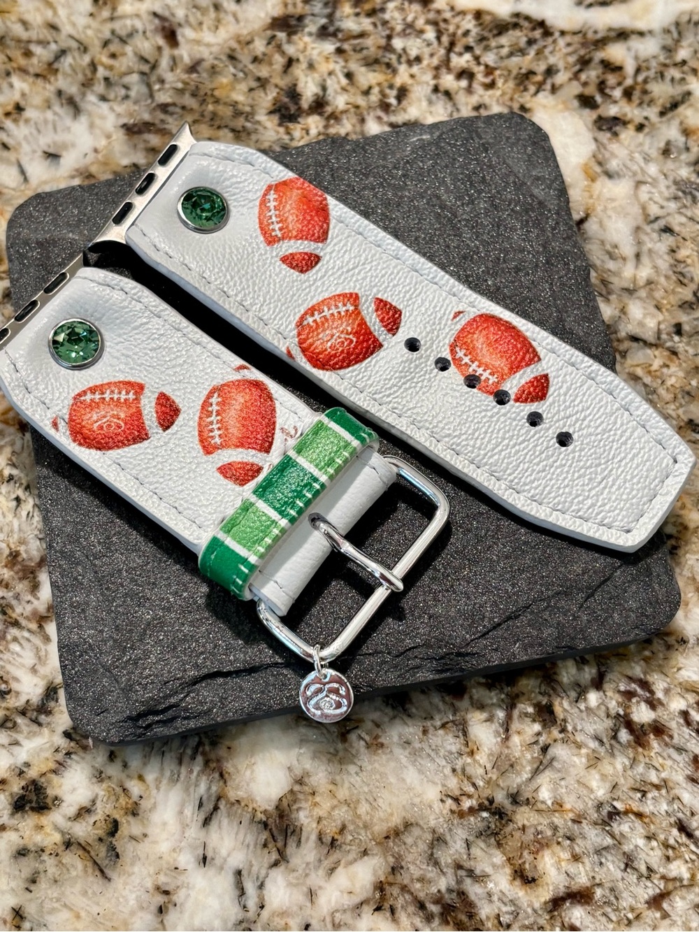 White Football Print Leather Watch Band with Green Accents